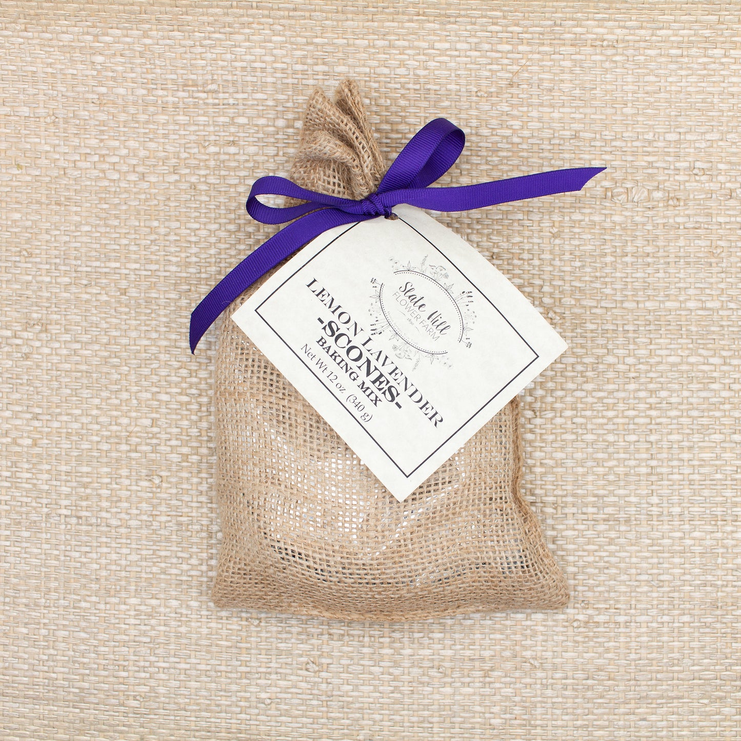 Lemon Lavender Scones Baking Mix, wrapped in burlap with a purple ribbon.